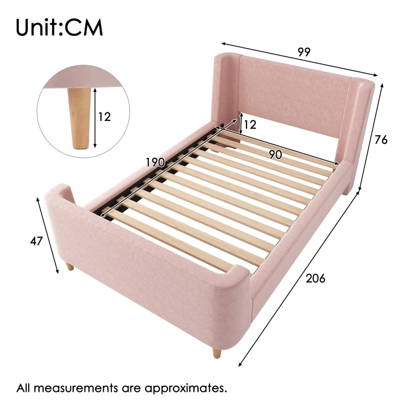 Upholstered Single Bed with Cosmic Print and Padded Headboard, Pink Velvet Bed Frame for Contemporary Bedrooms, 206L x 99W x 76H cm, Pink