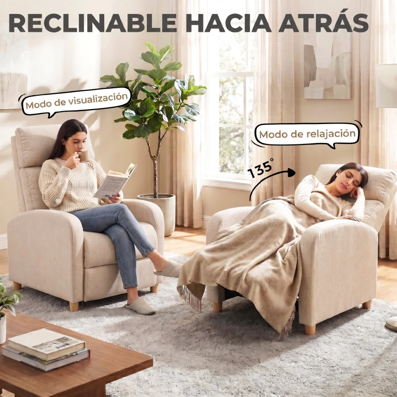 HOMCOM Sillón Reclinable Manual hasta 135° Tapizado en Lino Reposapiés Muelles Ensacados Respaldo Alto y Patas de Madera Beige