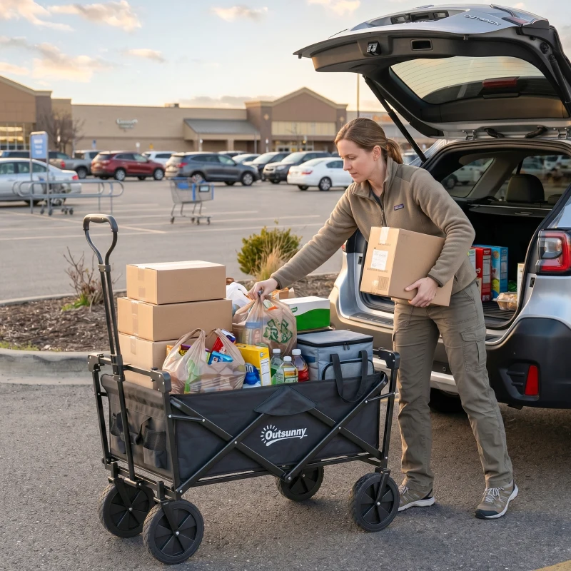 Outsunny Bollerwagen mit Dach, klappbar, 110L Kapazität, Stahlrahmen, 97x52x105 cm, Schwarz