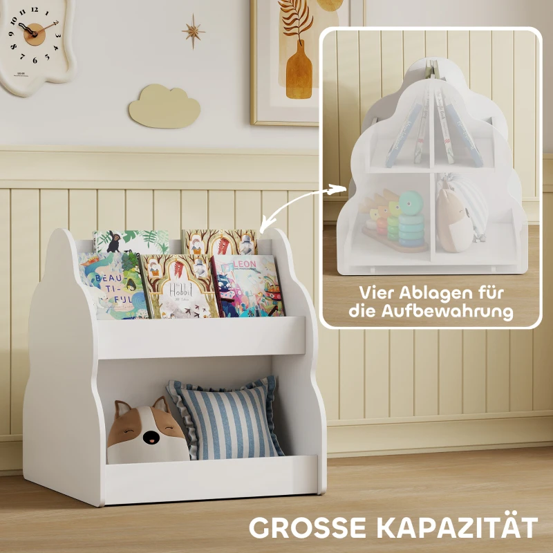 AIYAPLAY Kinderregal, 2-stöckiges Kinder-Bücherregal mit Rädern, 4 Regalen, für Kinderzimmer, Spielzimmer, 54x50x56 cm, Weiß