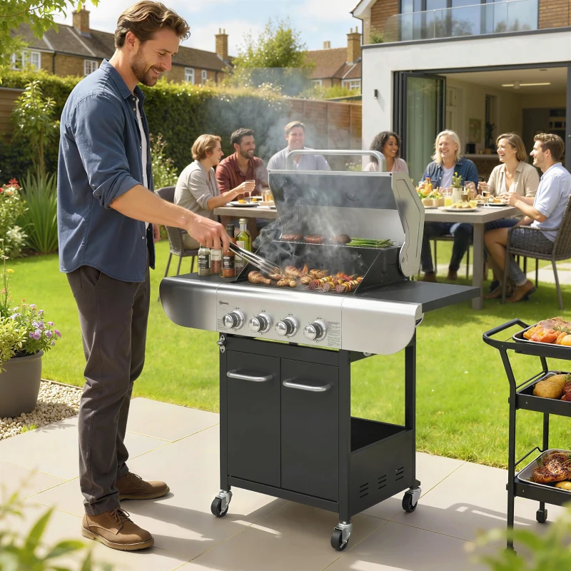 Outsunny Barbacoa de Gas con 4 Quemadores 12,8 kW Termómetro Parrillas de Hierro Fundido Mesas Laterales Armario y Ruedas Negro