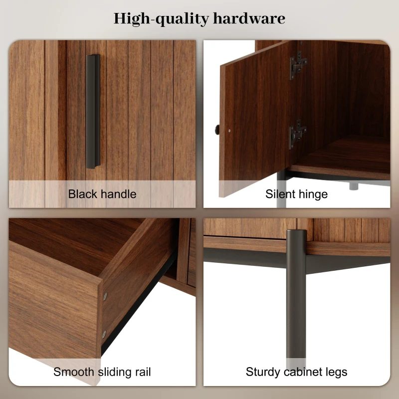 Space-Saving TV Stand with 2 Sliding Doors and 2 Drawers, Stylish TV Cabinet with Rattan Doors and Metal legs, 200L x 40W x 50H cm, Walnut