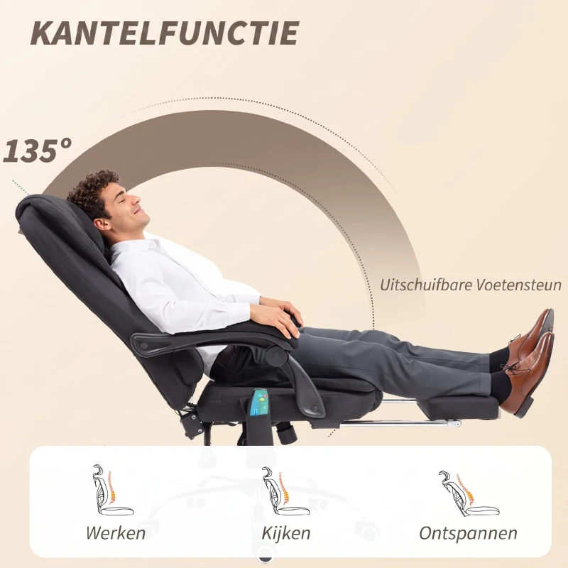 Vinsetto Bureaustoel met Massage- en Verwarmingsfunctie, Ergonomisch, Hoogteverstelbaar, Zwart(m-5)
