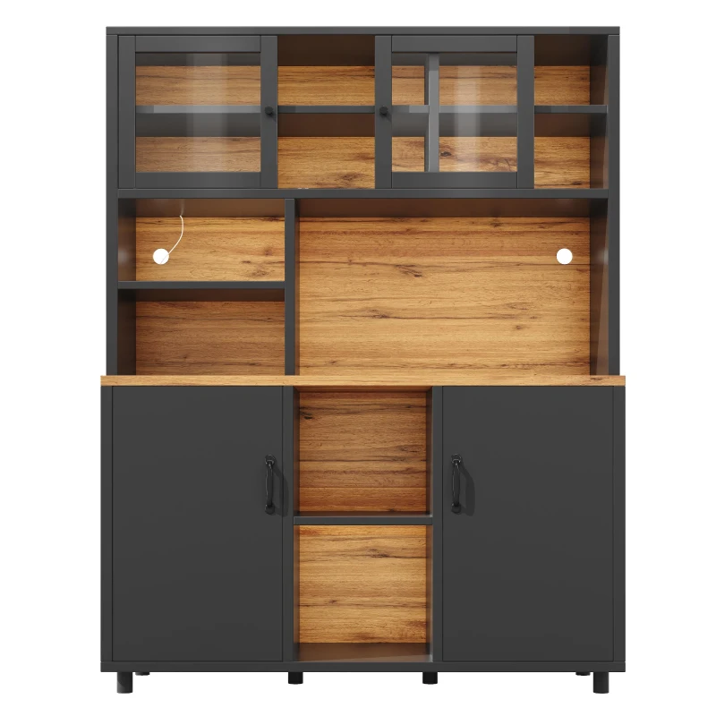 Tall Multi‑Purpose Storage Cabinet with App‑Controlled LED Lighting, Retro-Style Kitchen Hutch for Kitchen or Living Spaces, 140L x 40W x 185H cm, Black