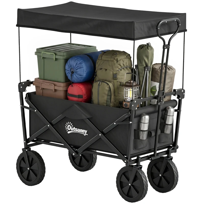Outsunny Bollerwagen mit Dach, klappbar, 110L Kapazität, Stahlrahmen, 97x52x105 cm, Schwarz