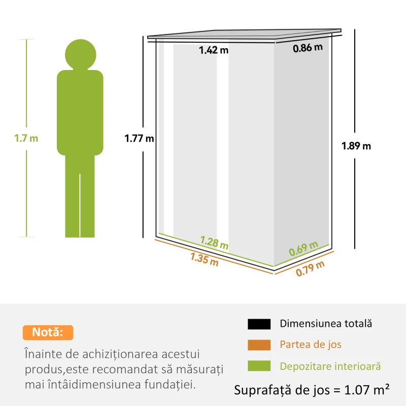 Outsunny Magazie pentru Unelte din Metal cu Acoperiș Înclinat și Ușă Blocabilă, 142x86x189 cm, Maro