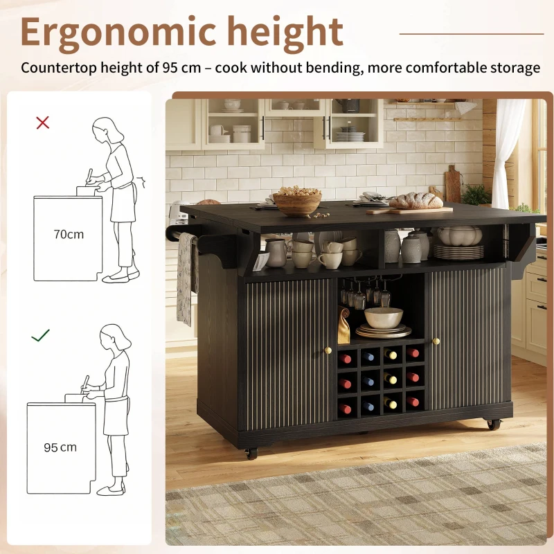 Foldable Serving Trolley with Ample Storage and Snack Racks, Mobile Kitchen Island for Balconies or Dining Room, 142.5L x 40W x 95H cm, Black