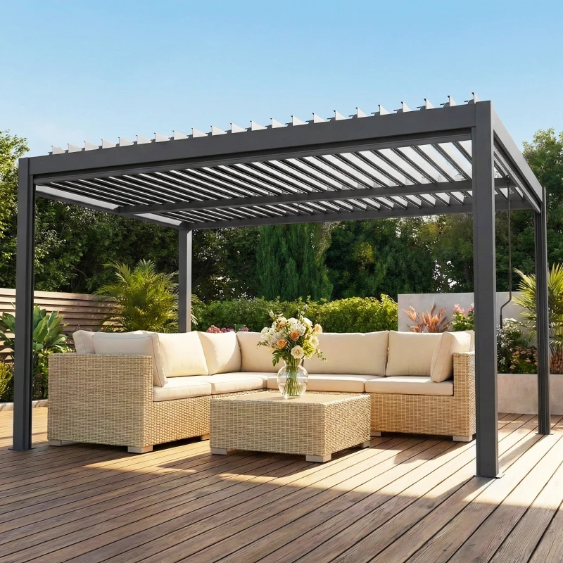 Outsunny Pergola bioclimatique 4x3m, pergola aluminium avec lames orientables, manivelle, stores latéraux coupe-vent, gris foncé