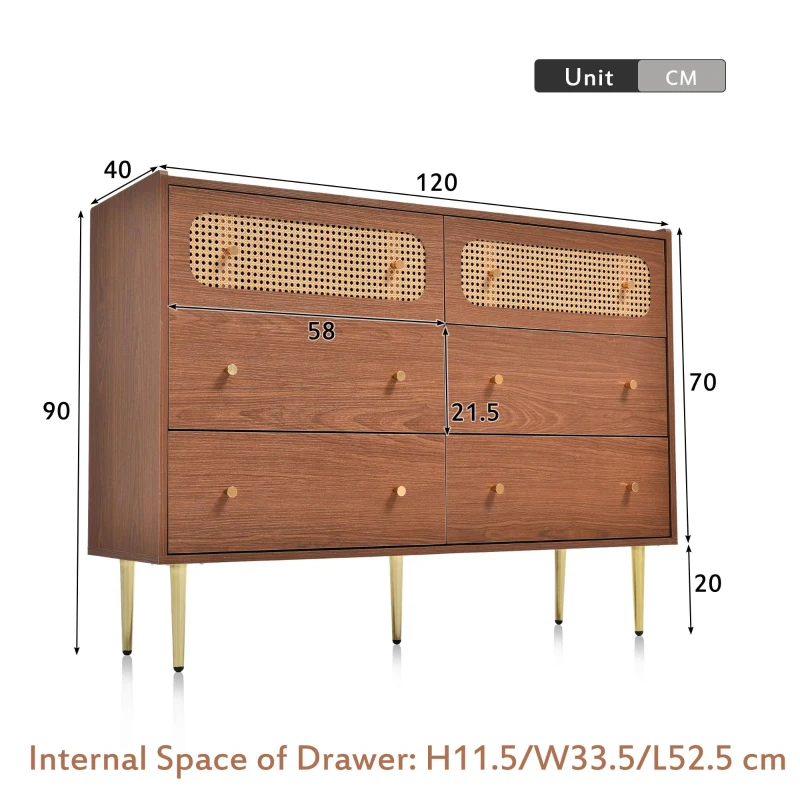 Rattan Sideboard Cabinet with 2 Perforated Rattan-Front Drawers, Walnut 6-Drawer Dresser for Lounge or Dining Areas, 120L x 40W x 90H cm, Walnut
