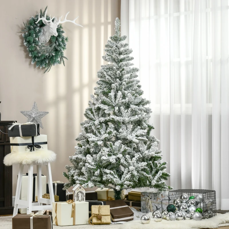 HOMCOM Künstlicher Weihnachtsbaum, Schnee-Effekt, flammenhemmend, Scharnierkonstruktion, Grün/Weiß