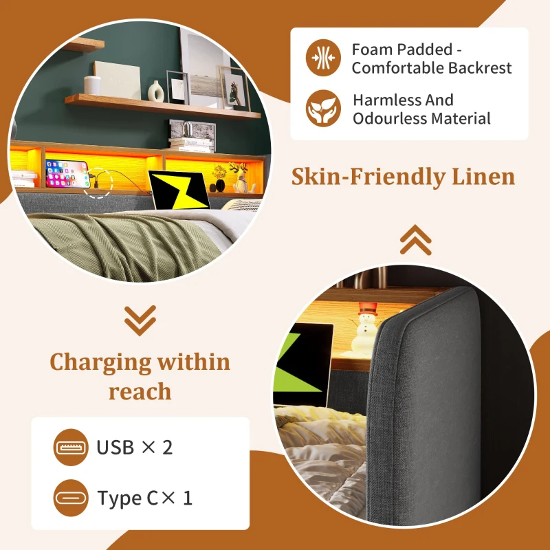 Upholstered Daybed with Integrated USB & Type‑C Charging, Storage Headboard Single Bed for Contemporary Bedrooms, 197.5L x 107W x 70H cm, Grey