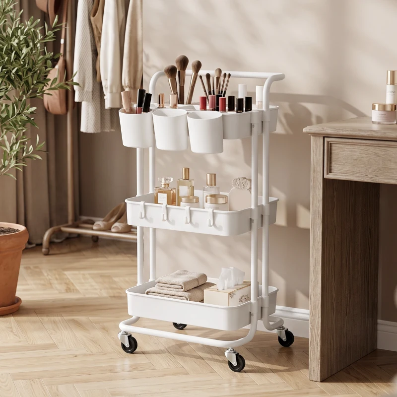 HOMCOM Three-Tier Home Trolley, with Handle and Wheels - White