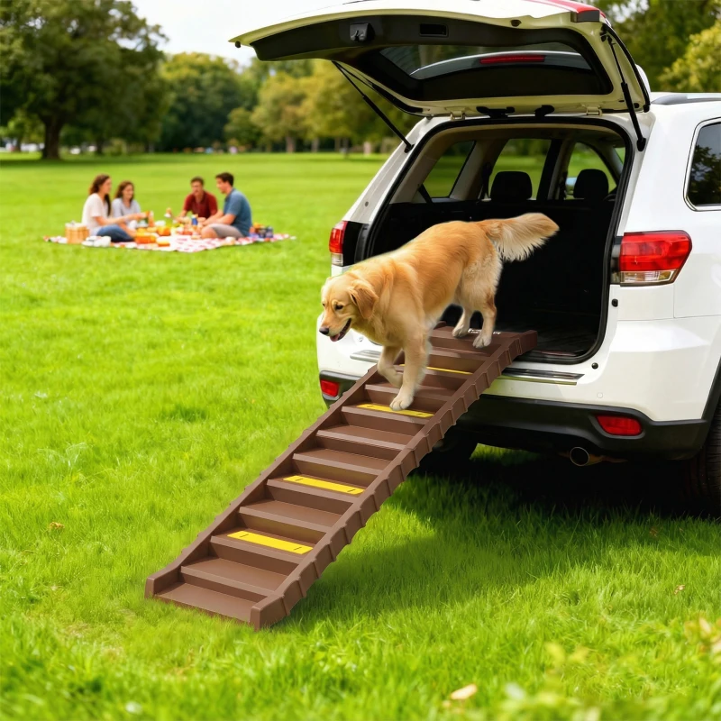 PawHut Dog Car Ramp with Anti-Slip Steps, 10-Steps Pet Stairs for Pets to Access Cars and High Beds, Brown