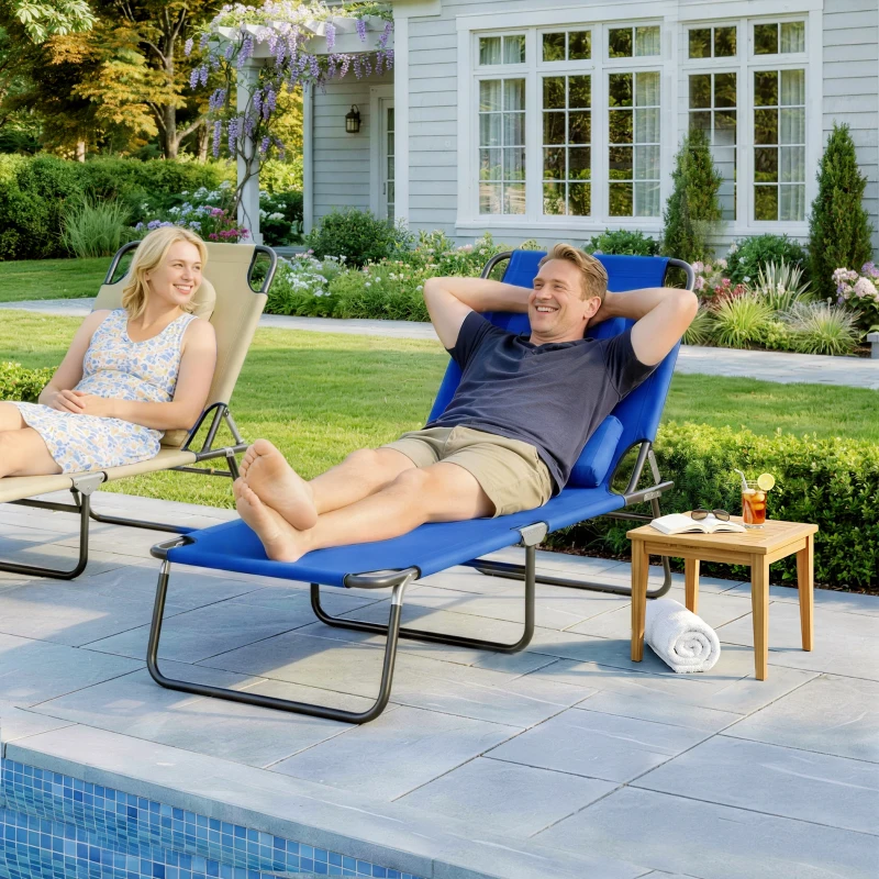 Outsunny Bain de soleil chaise longue pliante avec appuie-tête, trou de lecture, transat inclinable 4 positions en Oxford 600D, transat jardin extérieur camping piscine terrasse, 190x56x28cm, bleu