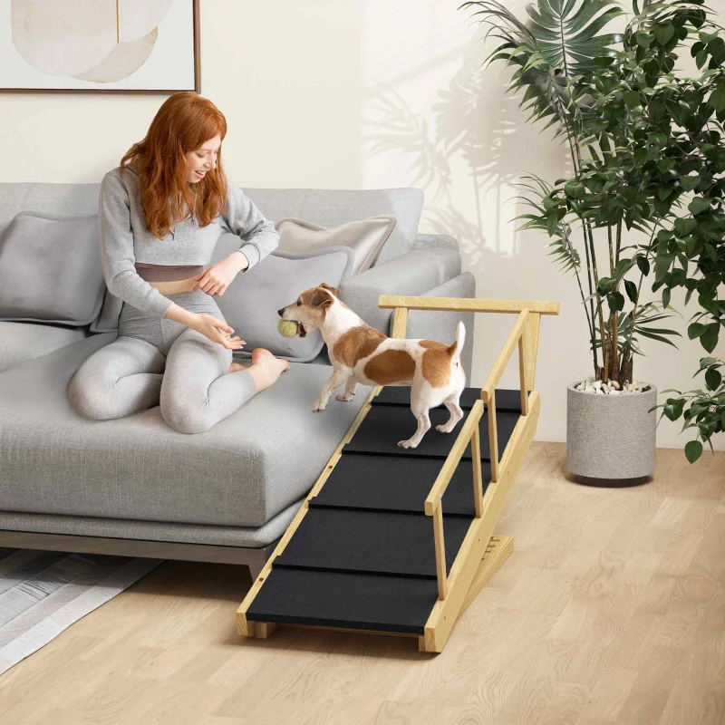 PawHut Hunderampe, höhenverstellbar, klappbar, Geländer, für Hunde bis 40kg, Holzrahmen, 85 x 40 x 61 cm, Schwarz