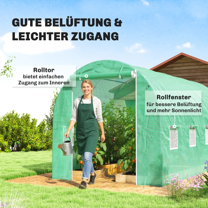 Outsunny Gewächshausfolie 4 x 2 m, wasserdicht Gartenfolie mit Tür, 8 Fenster, UV Schutz, Reißfest Polyethylen NUR Folie Grün