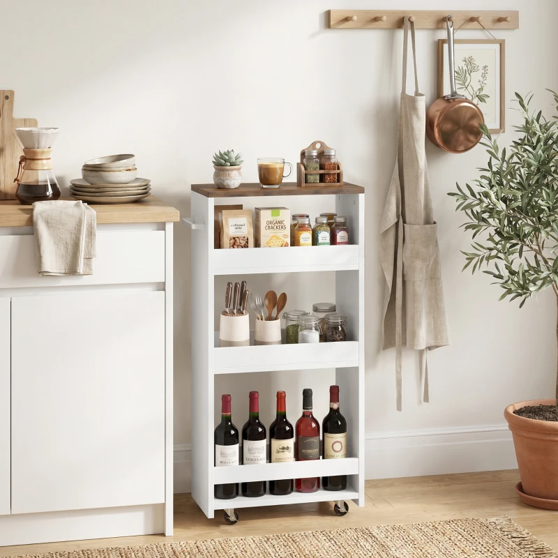 HOMCOM Carrito de Cocina Estrecho de 3 Niveles con Ruedas para Espacios Reducidos Comedor o Salón Blanco
