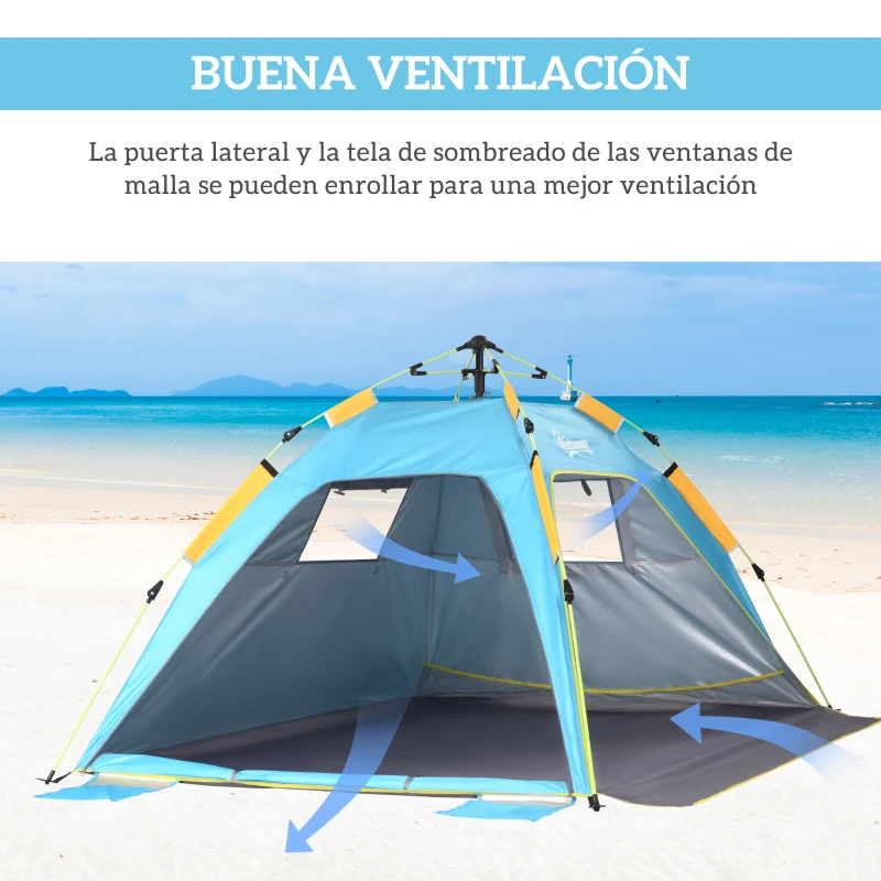 Outsunny Carpa de Playa Pop-up para 1-2 Personas con 2 Accesos y 2 Ventanas y Bolsa de Transporte 220x173x120 cm Azul Claro