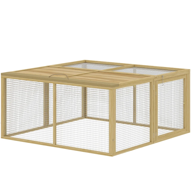 PawHut Kleintierkäfig, Kaninchenstall, aufklappbares Dach, Tannenholz, 120x120x57cm, Natur