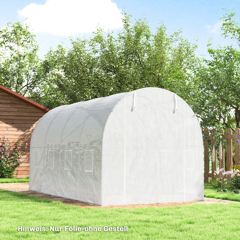 Outsunny Gewächshausfolie 4 x 2 m, wasserdicht Gartenfolie mit Tür, 8 Fenster, UV Schutz, Reißfest Polyethylen NUR Folie Weiß