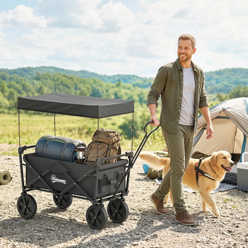 Outsunny Bollerwagen mit Dach, klappbar, 110L Kapazität, Stahlrahmen, 97x52x105 cm, Schwarz