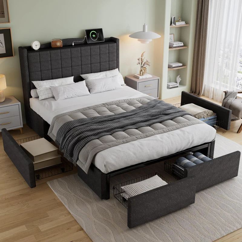 Spacious Upholstered Bed with 4 Under‑Bed Drawers, Cozy Bed Frame with Soft Headboard and Linen Surface, 208L x 140W x 111H cm, Grey