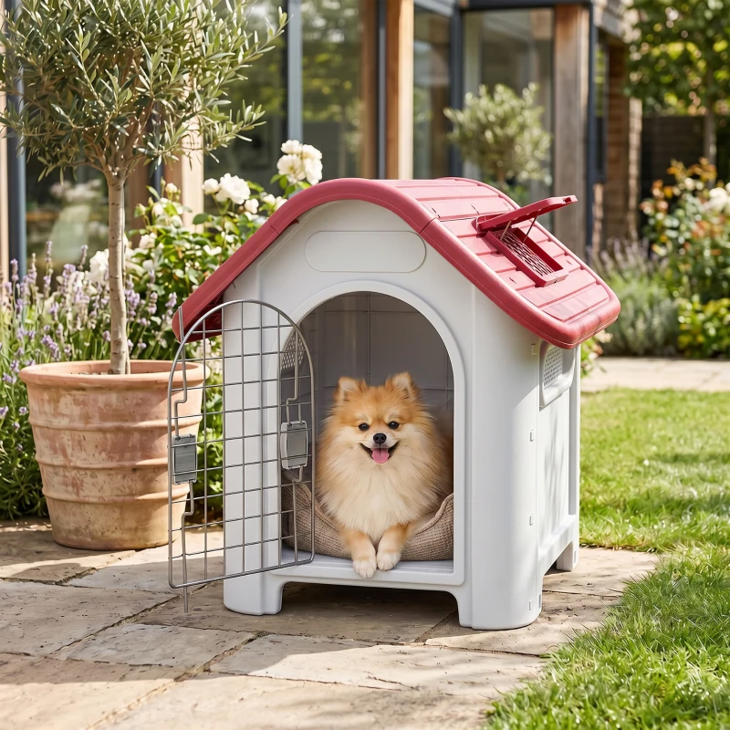 PawHut Hundehütte Outdoor, Hundehaus mit Dachluke Tor Unterschlupf, Wasserdichte Hundehöhle mit Luftzirkulation Hütte für kleine Hunde, draußen Rot+Hellgrau 59 x 75 x 66 cm