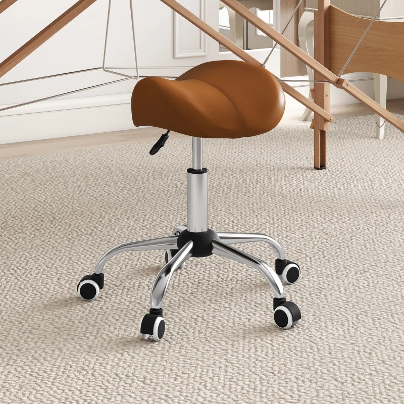 HOMCOM Taburete con Ruedas Taburete Giratoria con Altura Ajustable Taburete Cosmética Dentista Peluqueria 52x53x49-61cm Marrón