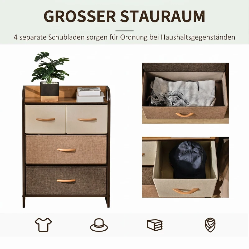 HOMCOM Kommode Schrank mit 4 Schubladen aus Leinen Aufbewahrungsschrank mit Metallrahmen für Schlafzimmer, Wohnzimmer