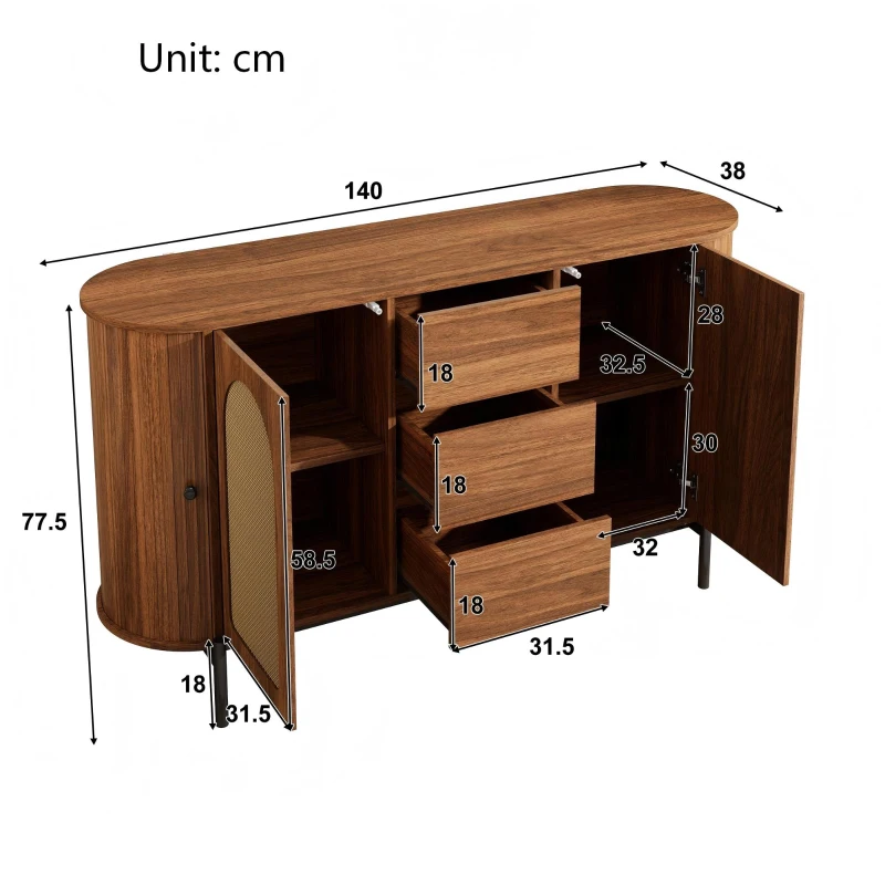 Spacious Sideboard with 3 Drawers and Adjustable Shelves, Stylish Cabinet for Living Room or Entryway, 140L x 38W x 77.5H cm, Walnut