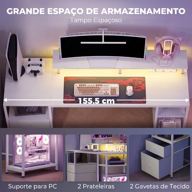 HOMCOM Secretária com Luzes LED Gavetas Tomadas Portas USB e Suporte para Monitor 155,5x48x88,5 cm Branco