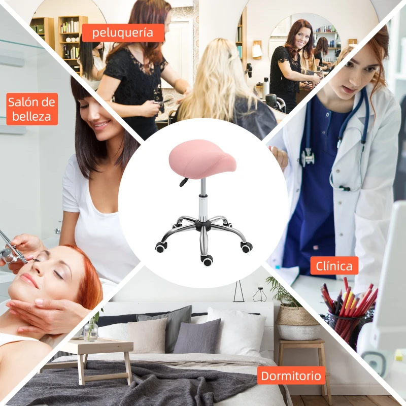 HOMCOM Taburete con Ruedas Taburete Giratoria con Altura Ajustable Taburete Cosmética Dentista Peluqueria 52x53x49-61 cm Rosa