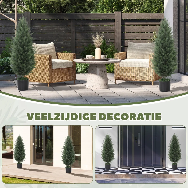 HOMCOM Set van 2 Kunstcipressen, Kunstbomen met 831 Bladeren, met Cementpot, UV-bestendig, Kunstplant, 90 cm, Groen
