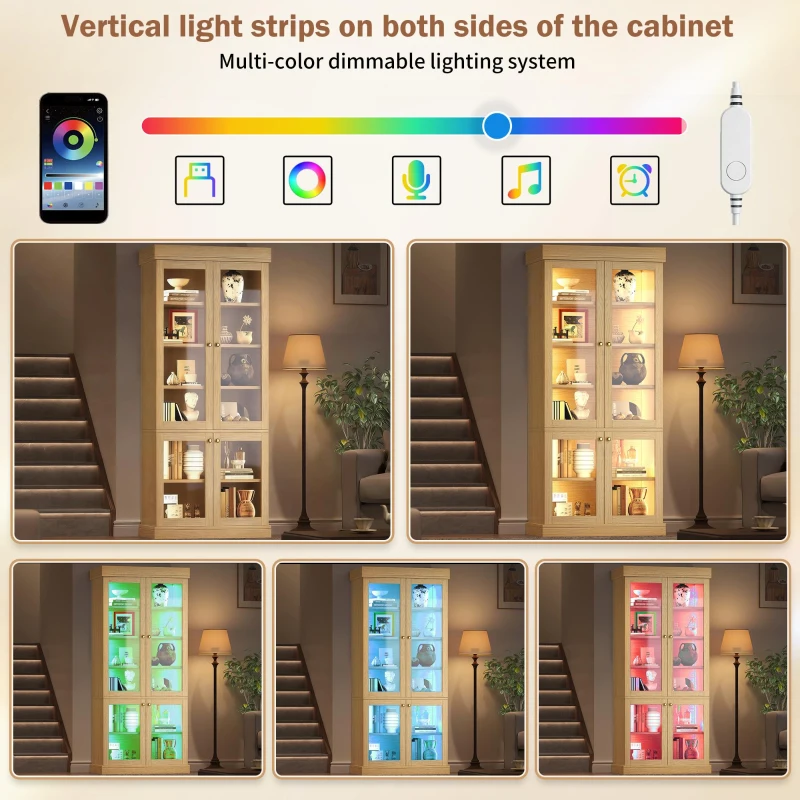 Modern Freestanding Display Cabinet with Height-Adjustable Shelves, LED Lighted Tall Showcase for Industrial Interiors, 80L x 40W x 180H cm, Natural