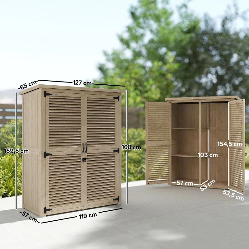 Outsunny Armario de Jardín 0,83 m² 127x65x168 cm con 2 Puertas de Persiana 2 Estantes 2 Asas y Techo Impermeable Natural