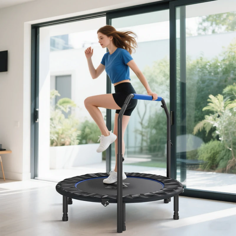 HOMCOM Cama Elástica Plegable Ø114 cm con Mango Ajustable Marco de Acero para Entrenamiento Piernas Cuerpo Azul y Negro