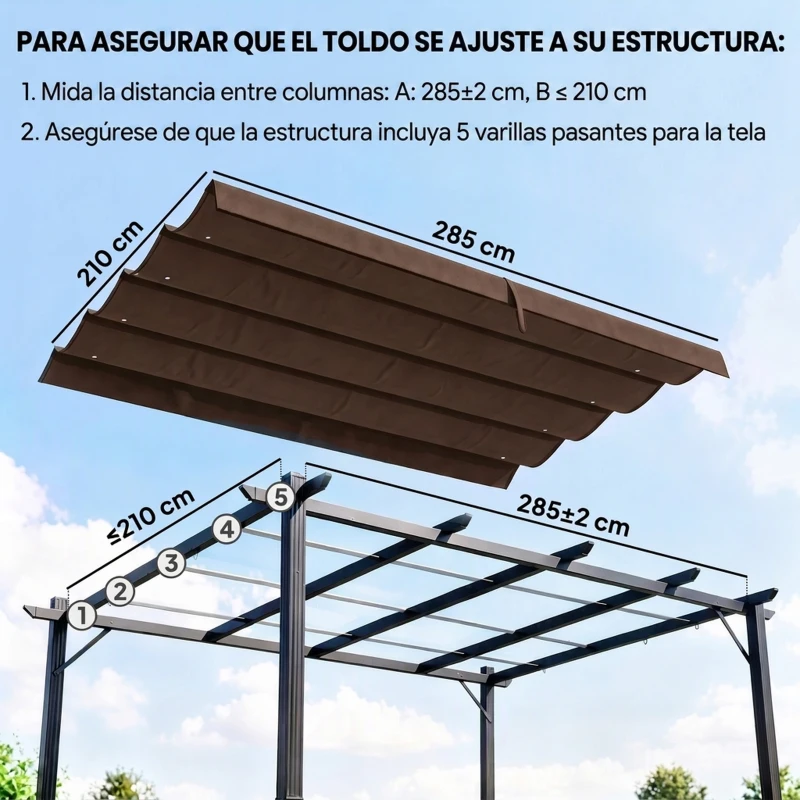 Outsunny Techo de Repuesto Retráctil 3x2,5 m para Marco de 3x2 m Toldo de Tela Solo para Cenador Jardín con 8 Orificios Café