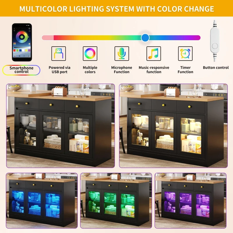 Extendable Kitchen Island with LED Lighting and Glass Cabinets, Space-Saving Dining Cart for Cosy Flats, 120L x 40W x 75.5H cm, Black