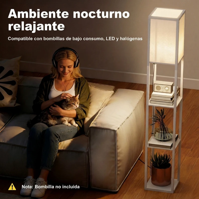 HOMCOM Lámpara de Pie con Estantes de Almacenaje, Lámpara de Lectura Moderna, Pantalla de Acrílico, Casquillo E27, para Decoración, Salón, Dormitorio, Oficina, Blanco