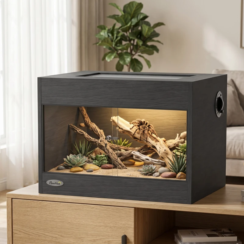 PawHut Terrarium pour Reptiles en Bois OSB, Porte en Verre Trempé, Serrure Sécurisée et Couvercle en Filet, 60x45x45cm, Noir