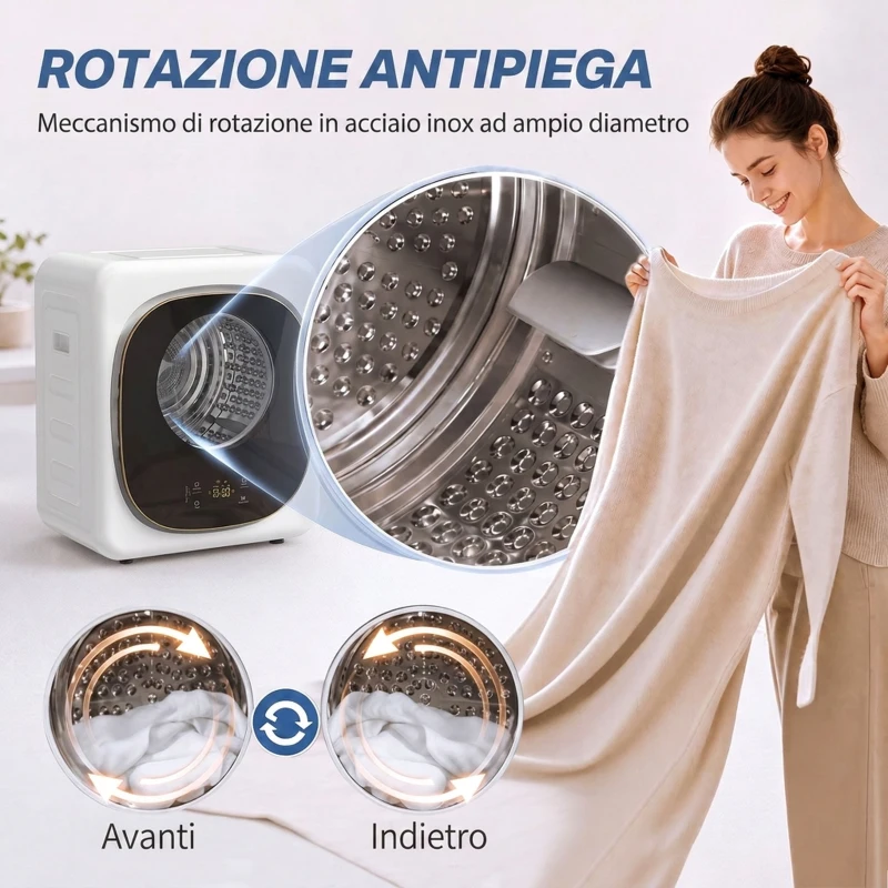 HOMCOM Mini Asciugatrice Portatile 2.5 kg, 5 Programmi, 800W, Fino 60℃, Timer, Tamburo in Acciaio Inox, per Casa, Bianco