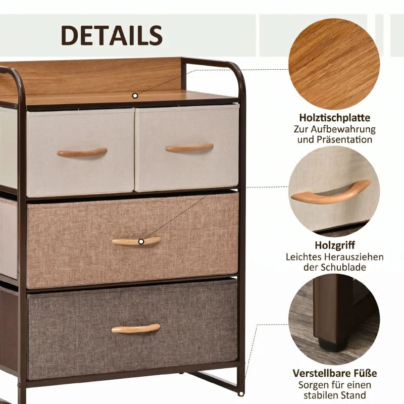HOMCOM Kommode Schrank mit 4 Schubladen aus Leinen Aufbewahrungsschrank mit Metallrahmen für Schlafzimmer, Wohnzimmer