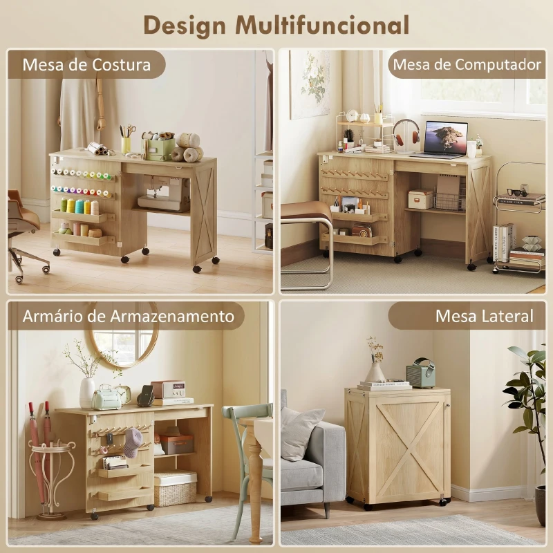 HOMCOM Mesa Dobrável para Máquina de Costura com Porta Magnética, 2 Compartimentos, Prateleira, 18 Suportes para Linhas e 5 Rodas, Madeira Natural