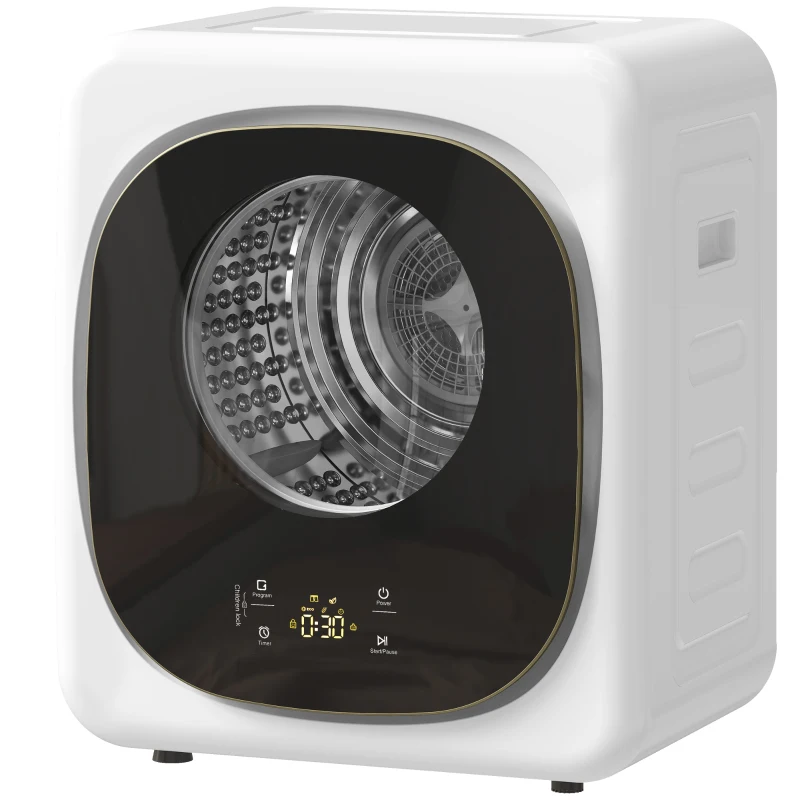 HOMCOM Mini Asciugatrice Portatile 2.5 kg, 5 Programmi, 800W, Fino 60℃, Timer, Tamburo in Acciaio Inox, per Casa, Bianco