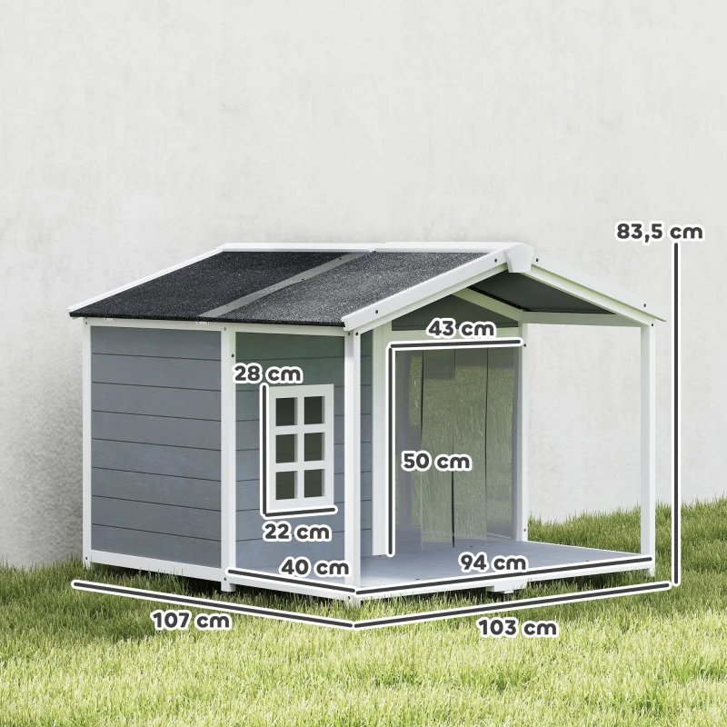 PawHut Hundehütte wetterfestes Erhöhtes Hundehaus aus Holz mit Asphaltdach, Terrasse, für mittelgroße Hunde 103x107x83,5cm Grau