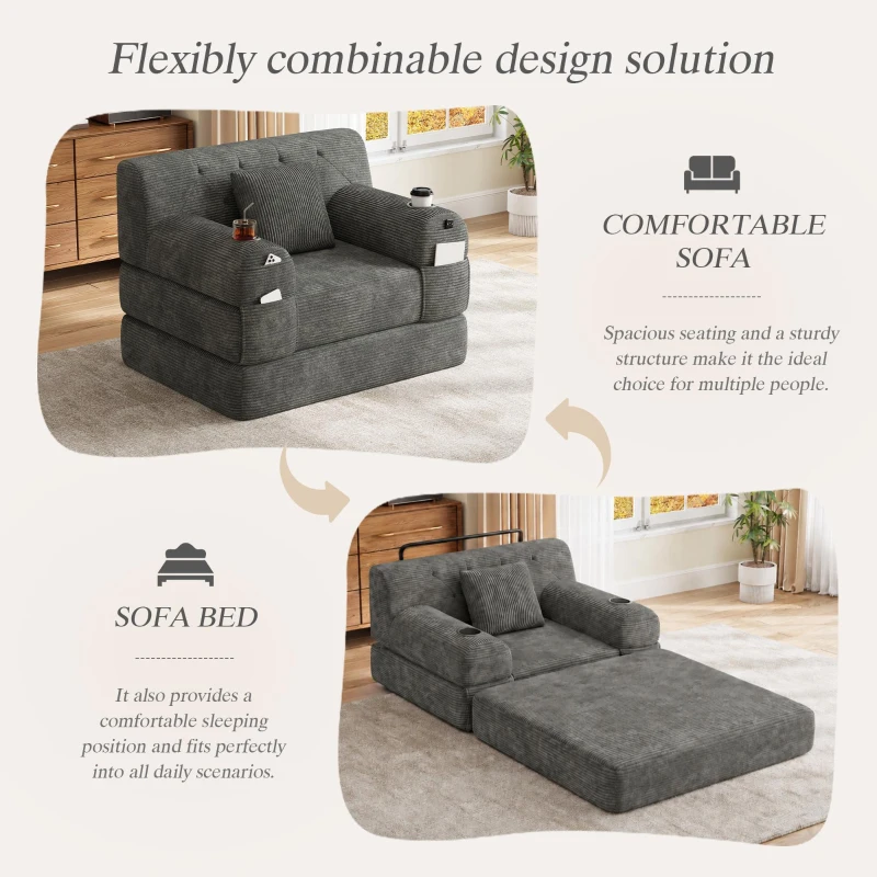 1-Seater Sleeper Sofa with Metal Frame and High-Density Foam, Convertible Chair Bed for Living Rooms or Home Offices, 107L x 80W x 81H cm, Dark Gray
