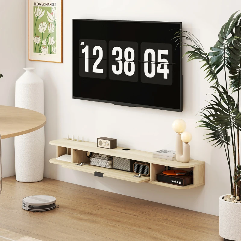 HOMCOM Meuble TV suspendu, meuble télé pour téléviseur jusqu'à 60 pouces, tiroir rabattable 2 étagères 140x24x16cm bois naturel