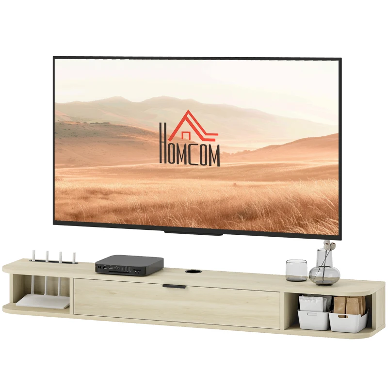 HOMCOM Meuble TV suspendu, meuble télé pour téléviseur jusqu'à 60 pouces, tiroir rabattable 2 étagères 140x24x16cm bois naturel