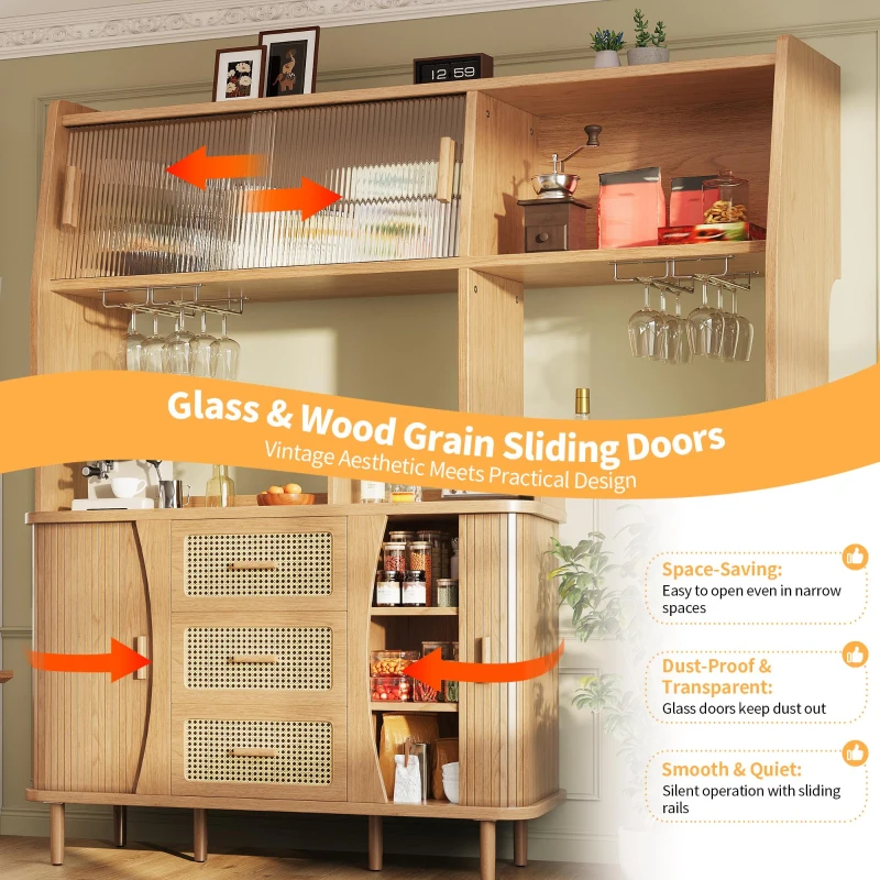 Adjustable-Feet Dining Room Cupboard with Wine Glass Holders, High-quality Sideboard with for Kitchen or Hallways, 140L x 40.5W x 174.5H cm, Wood