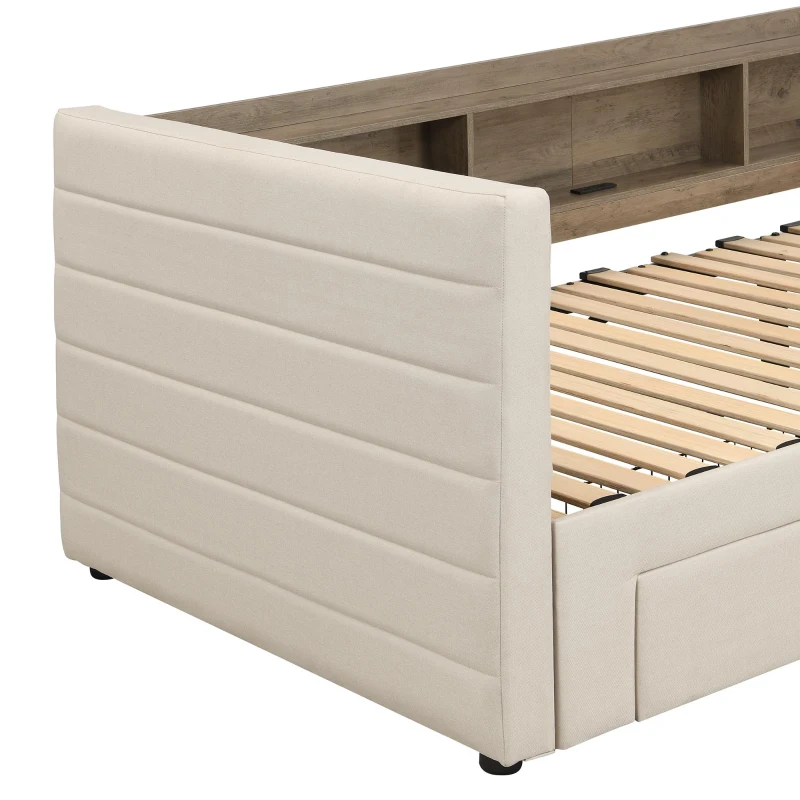 Practical Upholstered Daybed with Pull-Out Trundle, Ideal Bed Frame for Studios, Living Rooms, or Guest Spaces, 200L x 140W x 100H cm, Beige